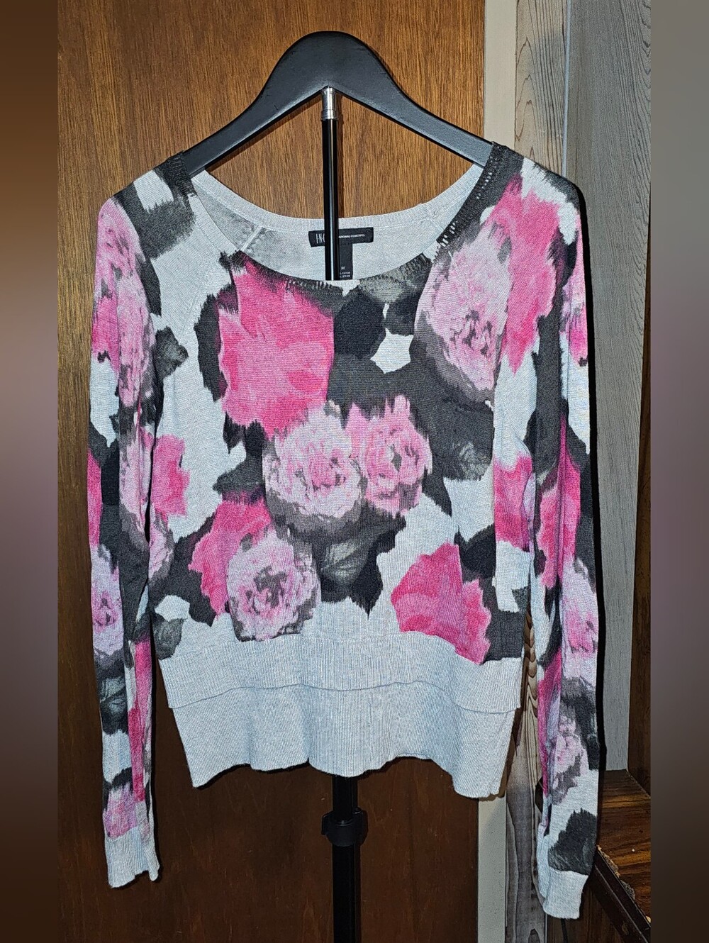 INC International Concepts Gray Sweater with Pink Floral Print